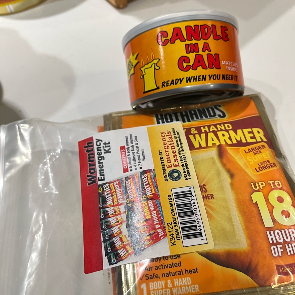 Candle in a Can (matches inside) & Body & Hand warmers emergency bundle kit.
